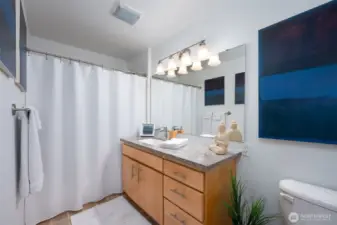 The guest bathroom is conveniently located in the hallway near the guest bedroom.