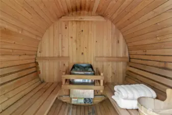 Custom barrel sauna ready for private at-home spa days year round.