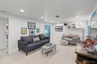Modern barn doors on both sides of the family room add privacy for the space and bedroom.