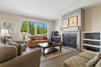 Open concept living area with large windows for an abundance of light throughout home! Engineered hardwood floors, gas fireplace.