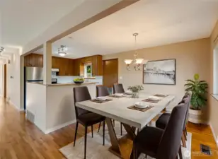 Open kitchen and dining room for entertaining (virtually staged)