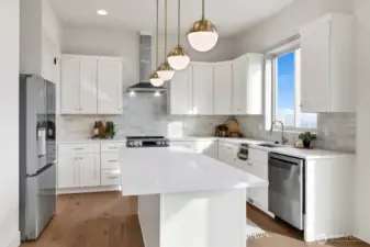 Quartz countertops, custom cabinetry, high-end stainless steel appliances
