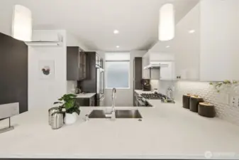 Gourmet kitchen with powerful range hood over five burner cooktop, and ultra-quiet Bosch dishwasher.