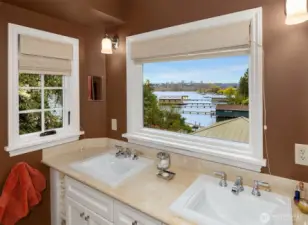 Dual sinks and view of Portage Bay