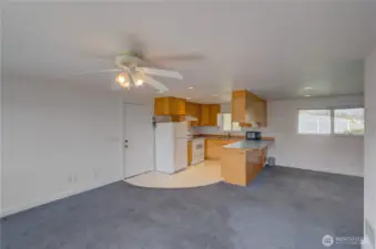 Apartment living, kitchen and dining area
