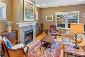 Intimate living room with storage cabinetry.