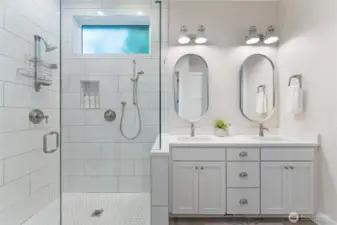 Dual sinks and beautiful shower