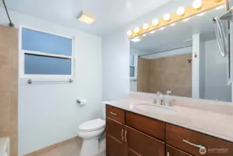 Lower-level full hall bath.