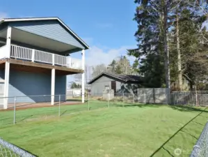 Fenced area for your pets with turf grass.