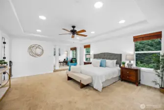 Oversized primary suite has a tray ceiling with recessed lighting and overlooks the private backyard.