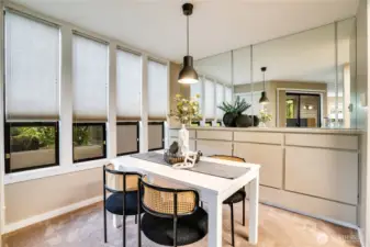 Custom drapes throughout for a sunny breakfast and a dimly lit dinner.