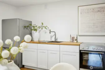 Functional lower-level kitchenette area, ideal for multi-generational living or guest space.