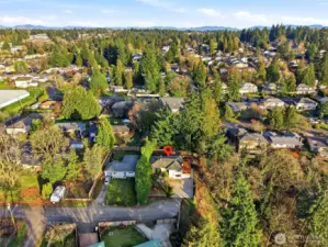 Overhead neighborhood view highlighting the residential setting of this Kent property.