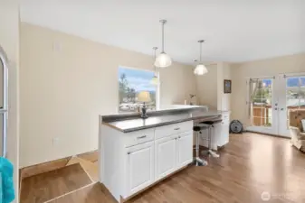 Eat in Kitchen bar seating overlooking stairs