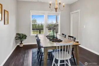 The dining room faces the front of the home