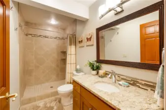 Full bathroom with tiled shower and extended vanity—great for multi-generational living or guests.