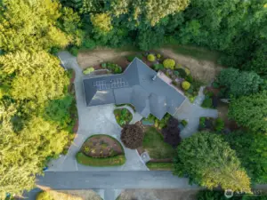 Stunning aerial of the circular driveway and home’s footprint—showcasing size and layout of this 98038 gem.