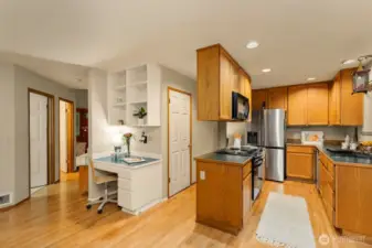 Kitchen with beautiful oak hardwood floors.