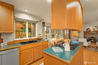 Kitchen with views to gardens in backyard.