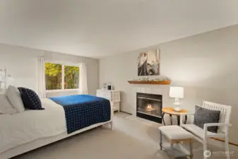Primary bedroom with views to the beautiful, private backyard. Wood burning fireplace.