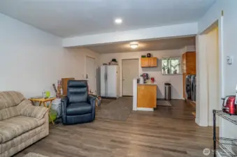 The lower-level mother-in-law suite overlooks the kitchen area. The left door serves as the main exterior entrance, while the rear door opens to the lower-level deck.
