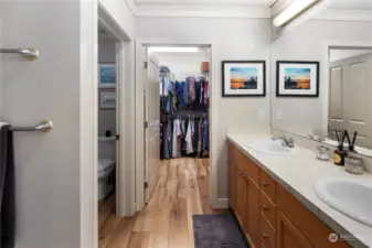 Primary Suite offers a walk in closet and double vanity.