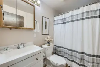 Full bath downstairs. New flooring, vanity and fixtures.