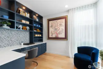 Main level office with custom built-ins.