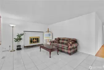 Living room with wood fireplace