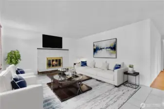 Virtually staged - Living room with wood fireplace