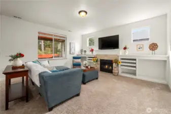 Second living space as seen from the kitchen! Complete with a gas fireplace and built-in shelving!