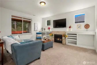 Second living space as seen from the kitchen! Complete with a gas fireplace and built-in shelving! Window overlooks the large deck in the back yard.