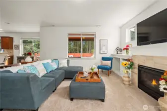 Second living space as seen from the kitchen! Complete with a gas fireplace and built-in shelving! Window overlooks the large deck in the back yard.