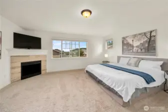 Primary suite, as seen from the double door entrance! Overlooking the front yard with plenty of natural light and a fireplace in the corner!