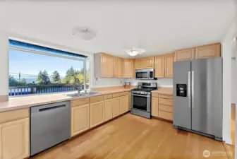 Light and bright kitchen faces west.