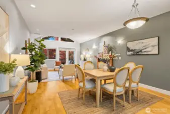 Large dining area enjoys the gas fireplace