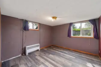Large bedroom in basement suite with large window to front yard.