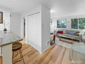Here is another view of the living room, plus the eat-in bar, the large closet, and the doorway to the bedroom.