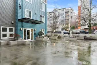 This is the main entrance to the community, as viewed from the area in front of the entrance to Building B.