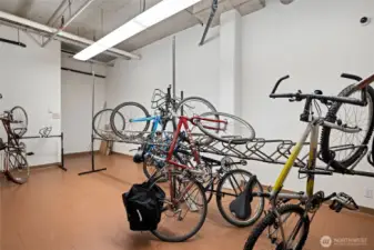 The bike storage is on the parking level. There is a camera for added security.