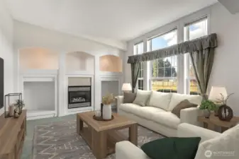 Living room with fireplace is just inside the entry with lighted nooks and architectural detail. Every room is bright with natural light.