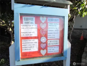 CLUBHOUSE, READER BOARD OF RECENT ACTIVITIES THERE.