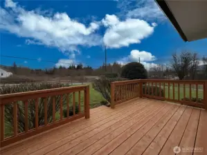 Deck of primary suite overlooking the fenced backyard & horse arena.