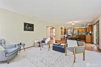 Looking back into the kitchen from open concept family room.