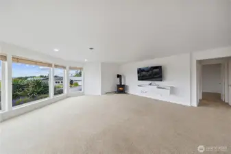 Lower level family room with gas stove and large view windows make this lower level home beyond functional