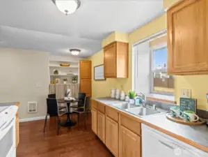 Shelving and extra storage in dining area