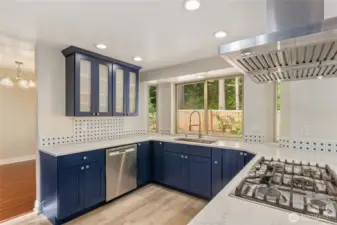 Alt view of kitchen with Bosch dishwasher, quartz counter tops, tile backsplash.