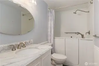 Guest bathroom with walk-in jetted tub with shower
