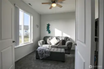 The front bedroom, just off the living room, can also be used as a den or office, with beautiful French doors leading to the room.