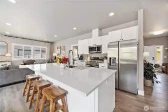 Views of open kitchen with large island